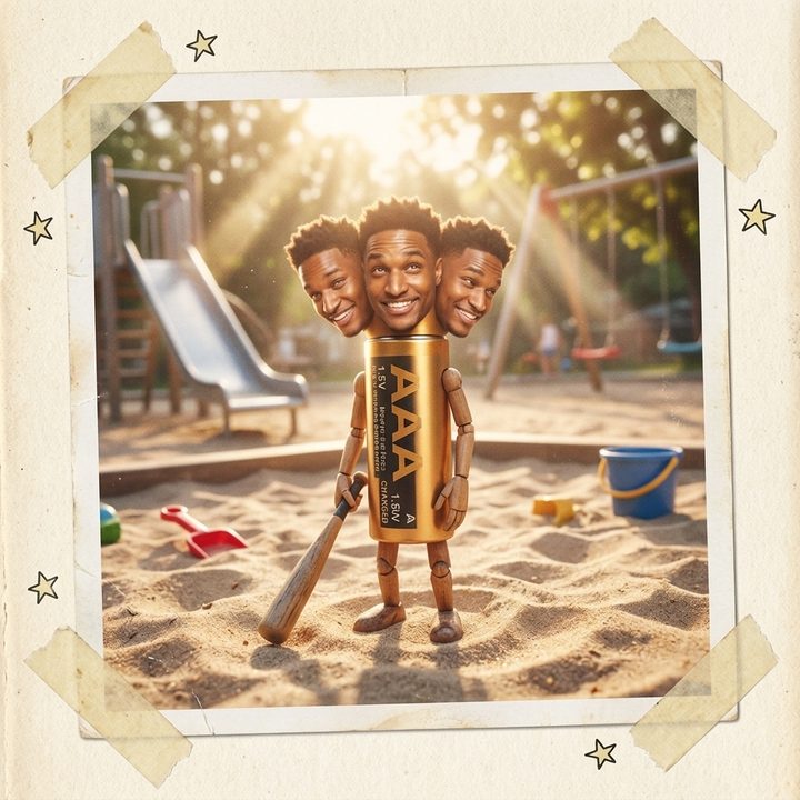 Toddler Triple Ansem swinging his bat at the playground sandbox